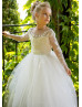Beaded Ivory Lace Tulle Flower Girl Dress With Removable Train